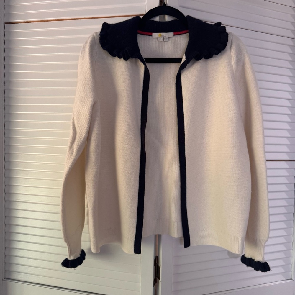 Boden Frill Collared Cardigan Ivory Navy